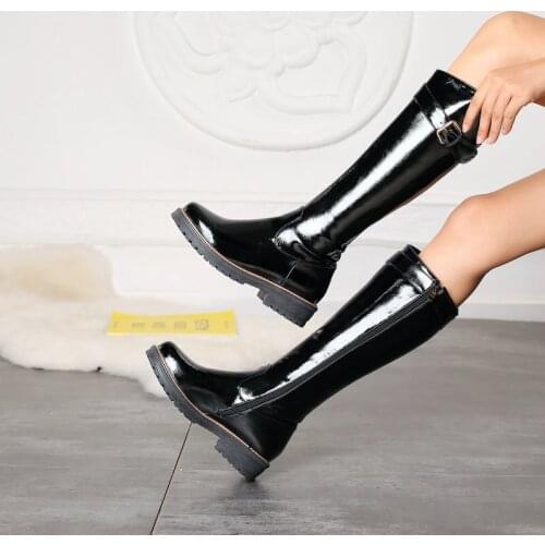 Ladies Patent Leather Knee High Boots Spring Autumn Fashion Belt Buckle Womens Shoes Winter Comfortable Low Heel Knight Boots