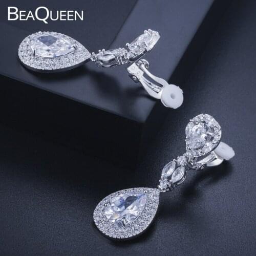 BeaQueen Japanese Long Water Drop CZ Stone No Hole Clip On Earrings Cubic Zircon Non Piercing Wedding Jewelry for Women E197