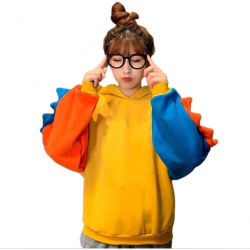 Cute Women Long Sleeve Color Block Dinosaur Hoodie Autumn Winter Sweatshirt