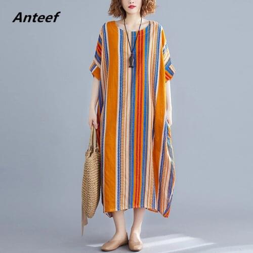 Yellow cotton plus size vintage stripe women casual loose long summer sun dress elegant clothes 2021 ladies dresses sundress