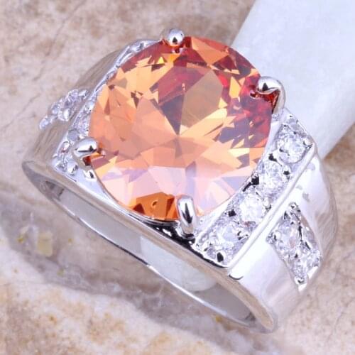 Fancy Champagne Morganite White CZ Silver Plated Womens Oval Jewelry Ring Size 6 / 7 / 8 / 9 R1271
