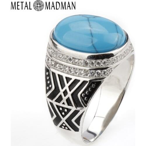 925 Sterling Silver Men Ring Sea Blue Color Big Turquoise Stone Ring with Clear Small CZ for Men Fine Jewelry