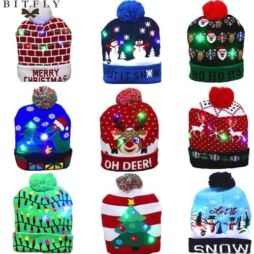 1Pc LED Christmas Hats Santa Elk Sweater Knitted Beanie Christmas Light Up Knitted Hat Christmas Gift for Kids New Year Decor