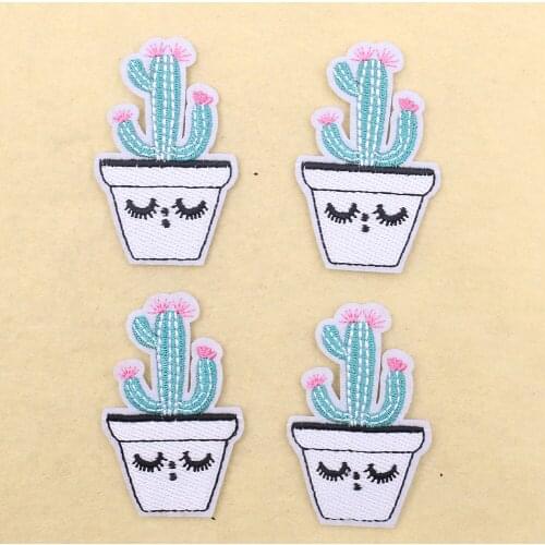 5PCS Cartoon Long Eyelashes Potted Plants Cactus Embroidery Patches Iron On Patches Cute Badges For Kids Clothing Ornaments DIY