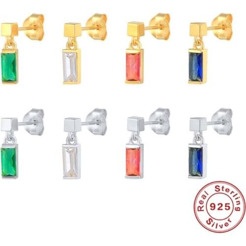 BOAKO 925 Sterling Silver Colorful Zircon Charm Stud Earrings For Women Tiny Piercing Ear Studs Simple Rock Punk Wedding Jewelry