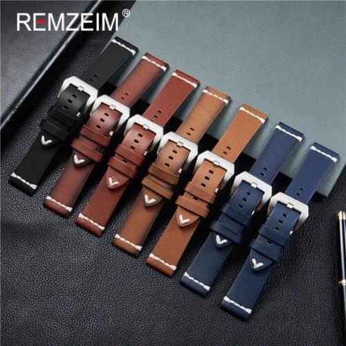 REMZEIM Handmade Vintage Leather Watchband 18mm 20mm 22mm 24mm Men Women Leather Watch band Strap With Stainless Steel Buckle