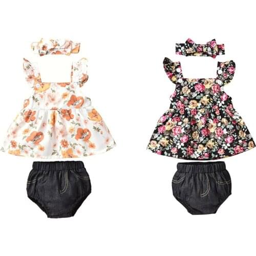 3Pcs Baby Girl Summer Casual Outfits, Ruffle Sleeveless Floral Crop Tops + Bloomer Shorts + Headband Set