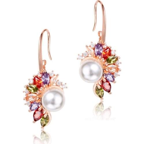 Copper Micro Inlaid Zircon Colored Flower Pearl CZ Earrings Hot Clothes Accessories Luxury Delicate Trend Jewelry Gift for Women