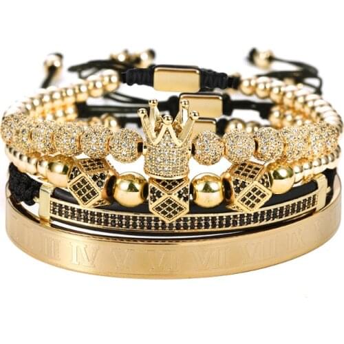 4pcs/Set Gold Hip Hop Men Pave CZ Zircon Crown Roman Numeral Bracelet Luxury Jewelry Bling Iced Out Bracelets For Men