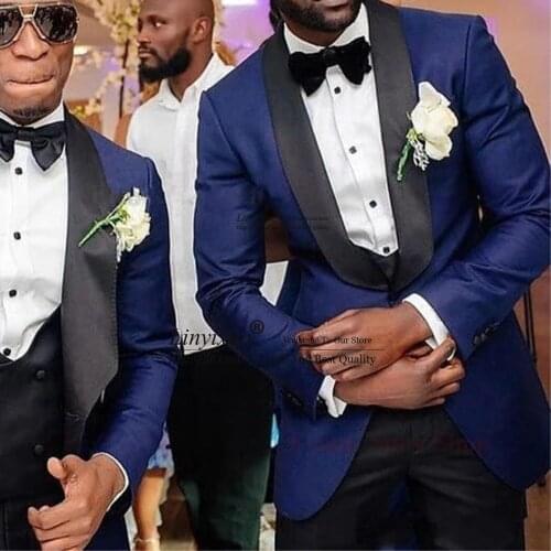 Men Suits Light Navy Blue and Black Groom Tuxedos Shawl Lapel Groomsmen Wedding Best Man(Blazer+Pants) costume homme