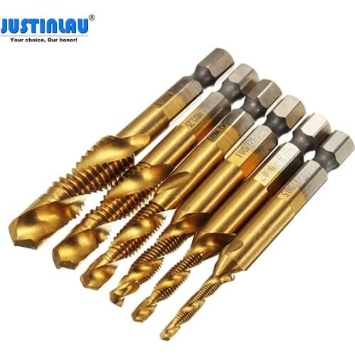 JUSTINLAU 6pcs M3-M10 Combination Drill Tap Bit Set HSS 6542 Titanium Coated Deburr Countersink Bits COD