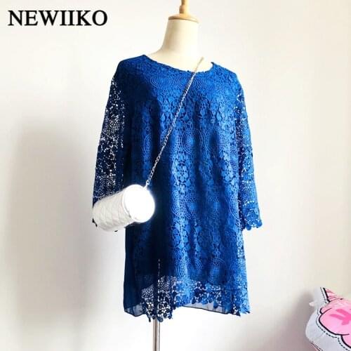 New spring and autumn Womens clothes Lace spliced Chiffon loose blue colour O-neck therr quarter sleeve casual mini dress