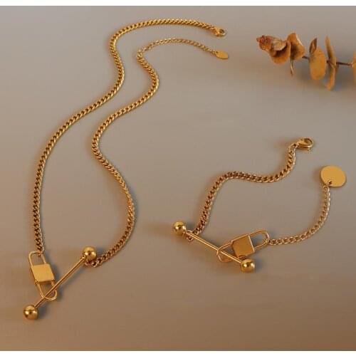 New Luxury Never Fade Fashion 316L Stainless Steel Heart Lock Necklace And Bracelet 18K Gold Color Jewelry Sets For Women