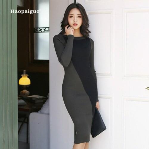Autumn Patchwork Pencil Dress 2018 Women Gray Long Sleeve O-neck Knee-length Casual Office Lady Dress Modis Work Knitting Dress