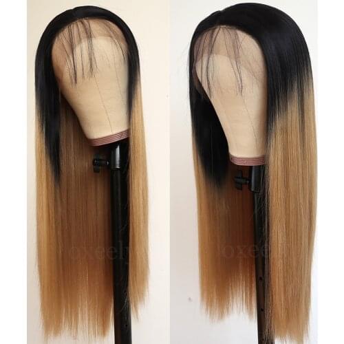 Oxeely Natural Straight Synthetic Lace Front Wig Ombre Brown Blonde Wigs for Women Soft Hair Heat Resistant Hair