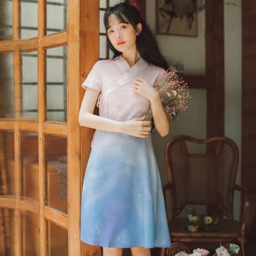 Retro Literary Girl Cheongsam Dress Women Summer Modern Chic Girl Improved Hanfu Womens Cross-neck Bow Tie Sweet Vintage Dress