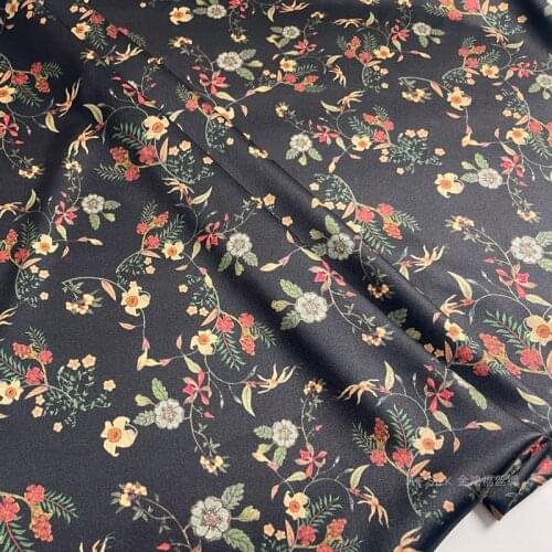 1 Meter Heavy Silk Fabric Dress Cheongsam 25mme Stretch Satin Black Floral Vine