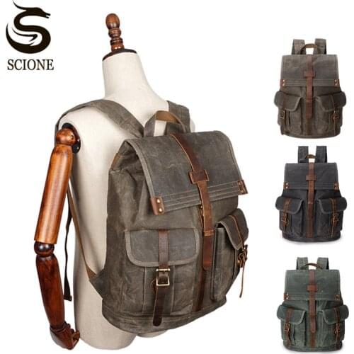 Mens Business and Leisure Backpack Waterproof Oil Wax Canvas Travel Backpack Vintage Shoulder Book Bags Laptop Backpack XA742M
