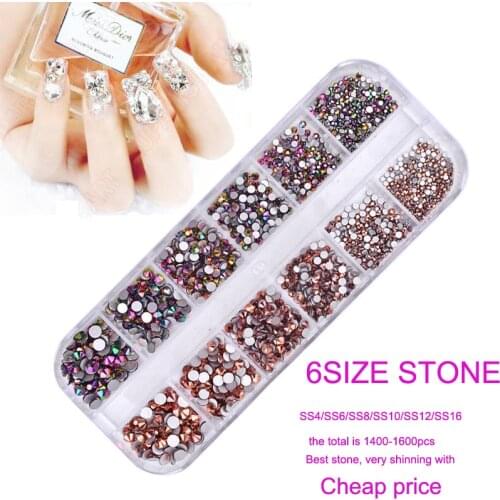 1 Box Glass Nail Art Rhinestones / Gems Sizes 6- Case Included - 12 Slot Nail Case - Round Gems in 12 colors Rhinestones Gems
