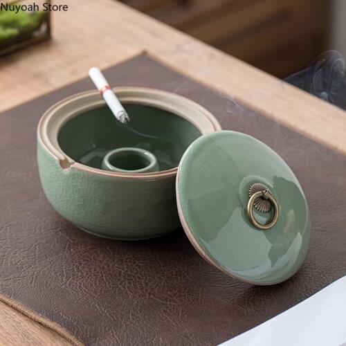 Creative Retro Ashtray Ceramic Household Anti-fly Ash Cigar Ashtray with Lid Storage Box Living Room Decoration Accessories