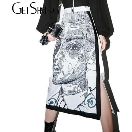 Yuerwang Women Skirt Long Split Print Character High Waist Skirts Color Matching Vintage All Macth spring summer Skirts 2021