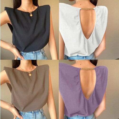 Woman Chain Backless Tshirts Shoulder Pad Summer Ladies Tops Black Casual Oversized Office Lady T Shirt