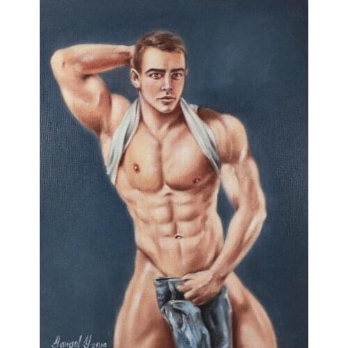 100%Handmade Nude GAY ART Original Oil Painting (Yangol Y.) male body man nude gay