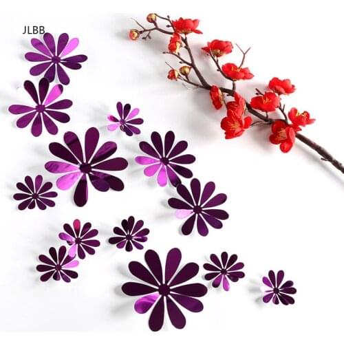 12 pcs/set New 3D mirror flower Wall Stickers Gold silver purple Party Wedding decor for Home Decorations sticker on the wall