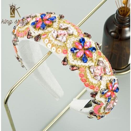 2021 Baroque Colorful Crystal Flower Headband for Woman Luxurious Rhinestone Padded Diamond Headpiece Girls Party Hair Accessory