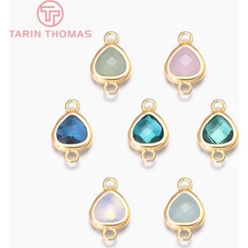 4PCS 8.5x14MM 24K Champagne Gold Color Plated Brass with Heart Colourful Glass Beads 2 holes Connect Charms Accessories