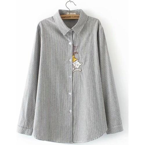 Plus size long sleeve cotton linen blouse women 2019 black & sky blue striped cat Embroidered shirt spring autumn ladies tops
