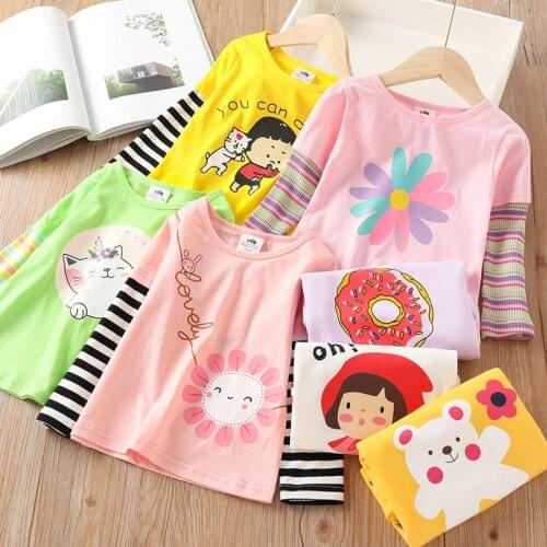 Kids Tees 2021 Spring Autumn New 2 3 4 5 6 7 8 9 10 Years Cute Cotton Striped Patchwork Long Sleeve Basic T-Shirt For Baby Girls