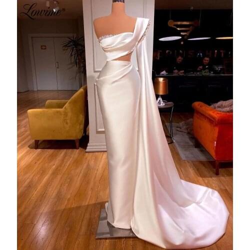 Cut-Out Design Pearls Long Elegant Evening Dresses Satin Arabic Party Gowns Customized Dubai Beaded Mermaid Ivory Party Gowns