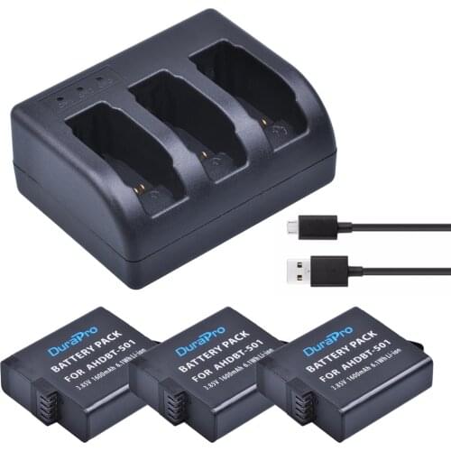 DuraPro 3pc 1600mAh AHDBT-501 AHDBT 501 Rechargeable Battery + 3-Channel USB Charger for Gopro Hero 5/6 Hero5 AHDBT 501 Camera