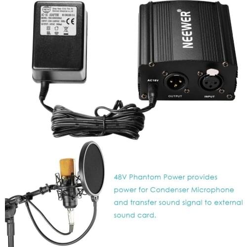 Neewer 1- Channel 48V Phantom Power Supply Black with Adapter and One XLR Audio Cable for Any Condenser Microphone Music