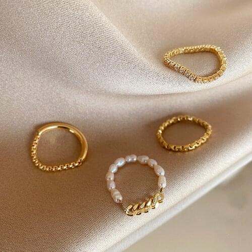 New Metal Gold Color Chain Pearl Zircon Geometric Round Rings For Women Girls Simple Party Ring Set Jewelry