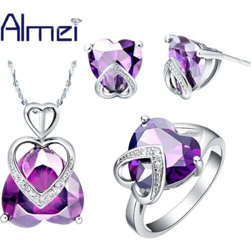 Almei Heart White Gold Color Purpls Crystal Pendant Necklace/Earrings Rings Sets Bridal Jewelry Set Stones Women Wedding T087