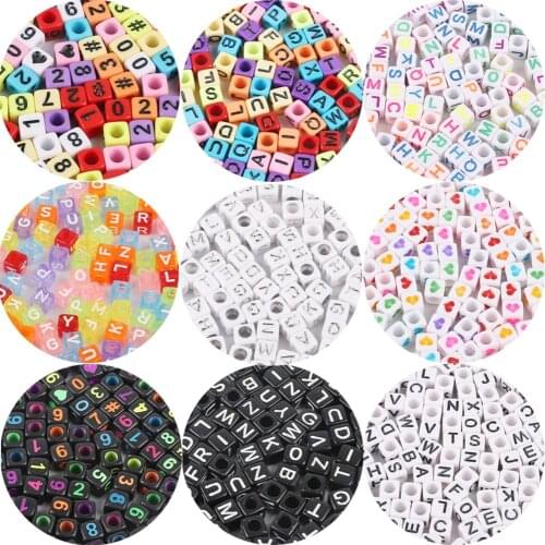 Mixed 6mm Acrylic Beads 100pc Square Alphabet Letter Digital Cube Heart Beads Charms Bracelet Necklace For Jewelry Making DIY