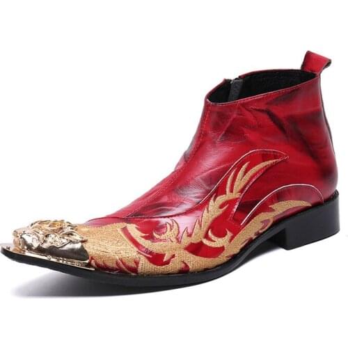 Fashion style Men Genuine Leather Embroidered Ankle Boots Party Pointed Dress Shoe Nightclub Men Luxury Rock Cowboy Boots