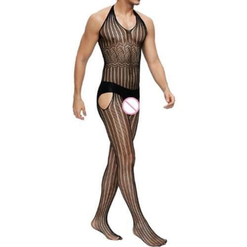 New Fashion Sleepwear Mens Bodysuit Fishnet Bodystocking Male Underwear Porno Sexy Lingerie Gay Erotic Teddy Men Halter Jumpsuit