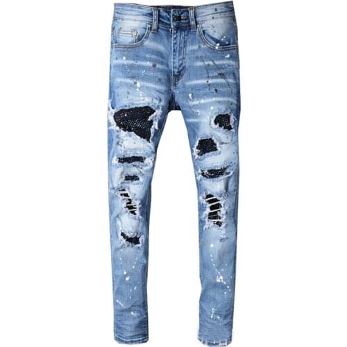 New Mens male rhinestone crystal patchwork light blue ripped jeans Slim fit skinny stretch denim pants trousers 563