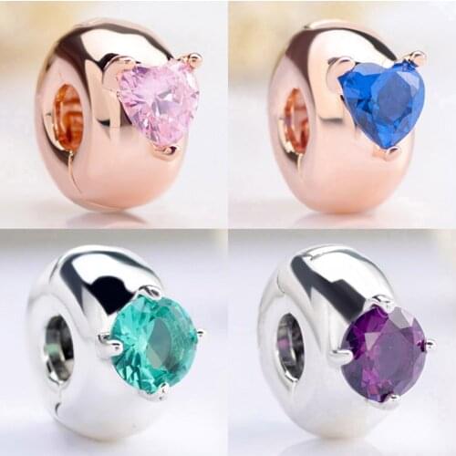 Original Rose Purple Blue Pink Green Round Solitaire Clip Beads Fit 925 Sterling Silver Charm Europe Bracelet Diy Jewelry