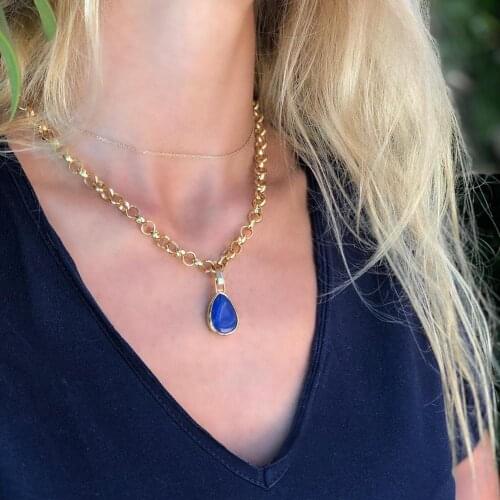 GULCE DERELI, NAVY BLUE DROP NATURAL STONE NECKLACE, CHAIN NECKLACE, GIFT BOX, GOLD/SILVER PLATED