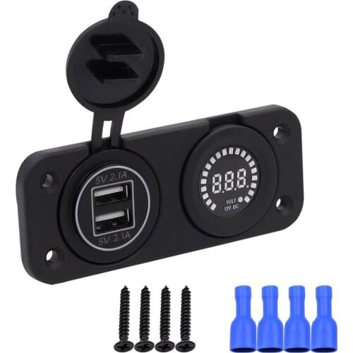 Blue Car Dual USB Charger Port + Digital Voltmeter Panel for Car Boat ATV