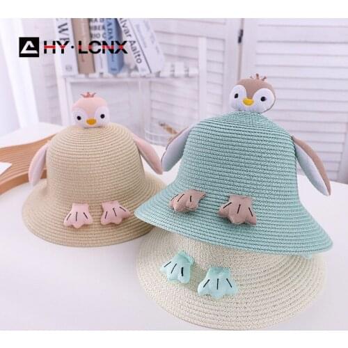 New Summer Children Cute Penguin Beach Breathable Big Brim Straw Hat Boy Girl Outdoor Leisure Sun Fisherman Hat Cute Bag