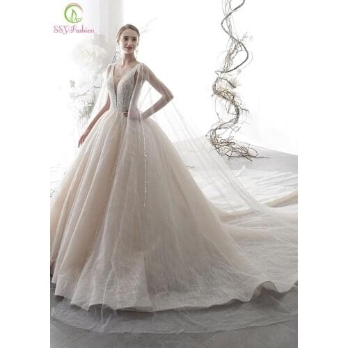 SSYFashion New Luxury Wedding Dress for Bride V-neck Court Train Sequins Beading A-line Long Wedding Gowns Vestido De Noiva