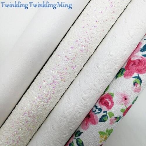 WHITE Glitter Fabirc,Faux Leather Fabric,Flowers Ostrich Synthetic Leather Fabric Sheets For Bow A4 21x29CM Twinkling Ming XM605
