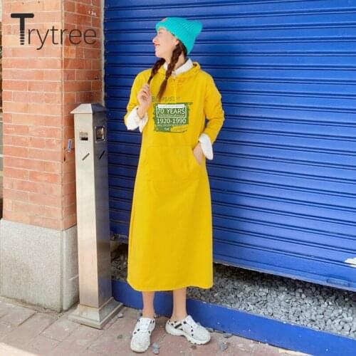 Trytree Spring Autumn Womens Dress Casual Letters Printed Cotton Blended Straight Floral Mid-Calf Loose Hoodid Dress Streetwear