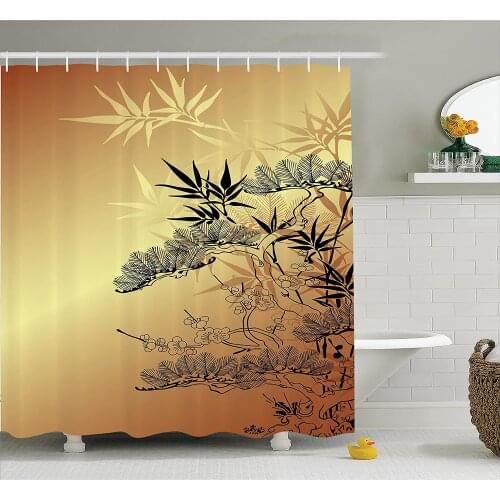 Japanese Shower Curtain Asian Style Branches and Bamboo Motifs with Showy Fragrant Leaves Nature Illustration Bath Curtains