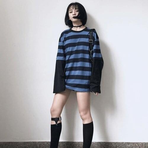 Harajuku Long Sleeve T-Shirt Women Fake Two Pieces Tees O-Neck Black Blue Striped Patchwork Loose T Shirt Fashion Female Top